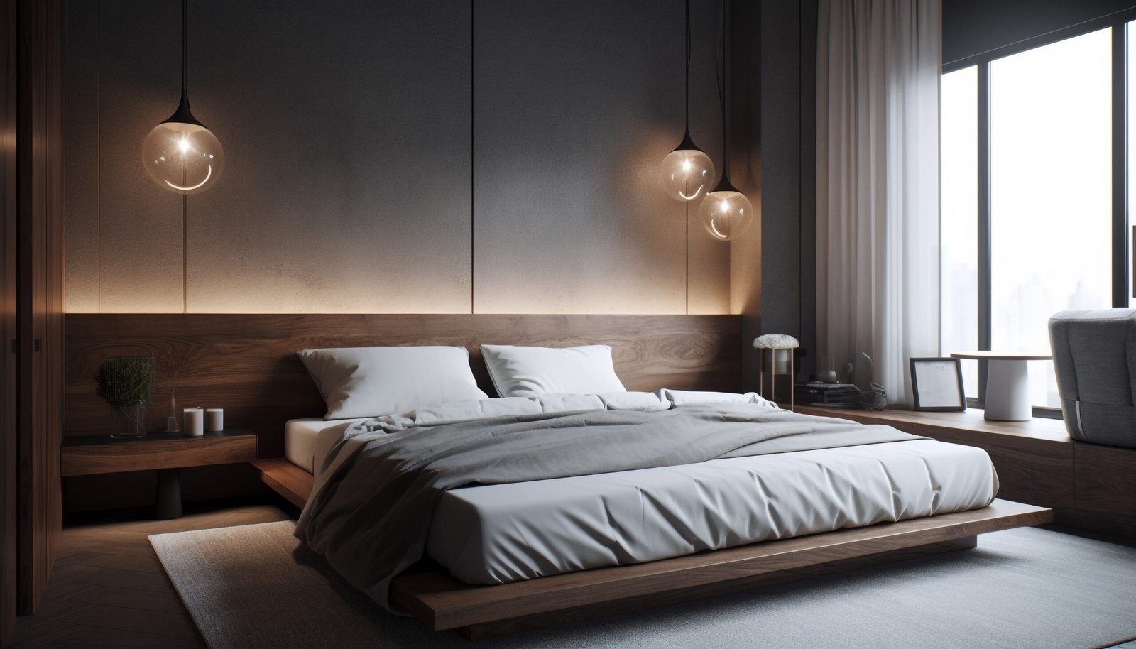 Luxurious modern bedroom with comfortable bedding and elegance generated by AI